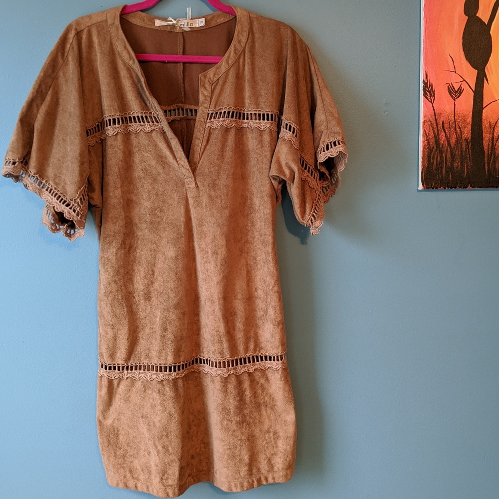 MIILLA Boho Suede Shift Dress, Cropped, Tan, Brown